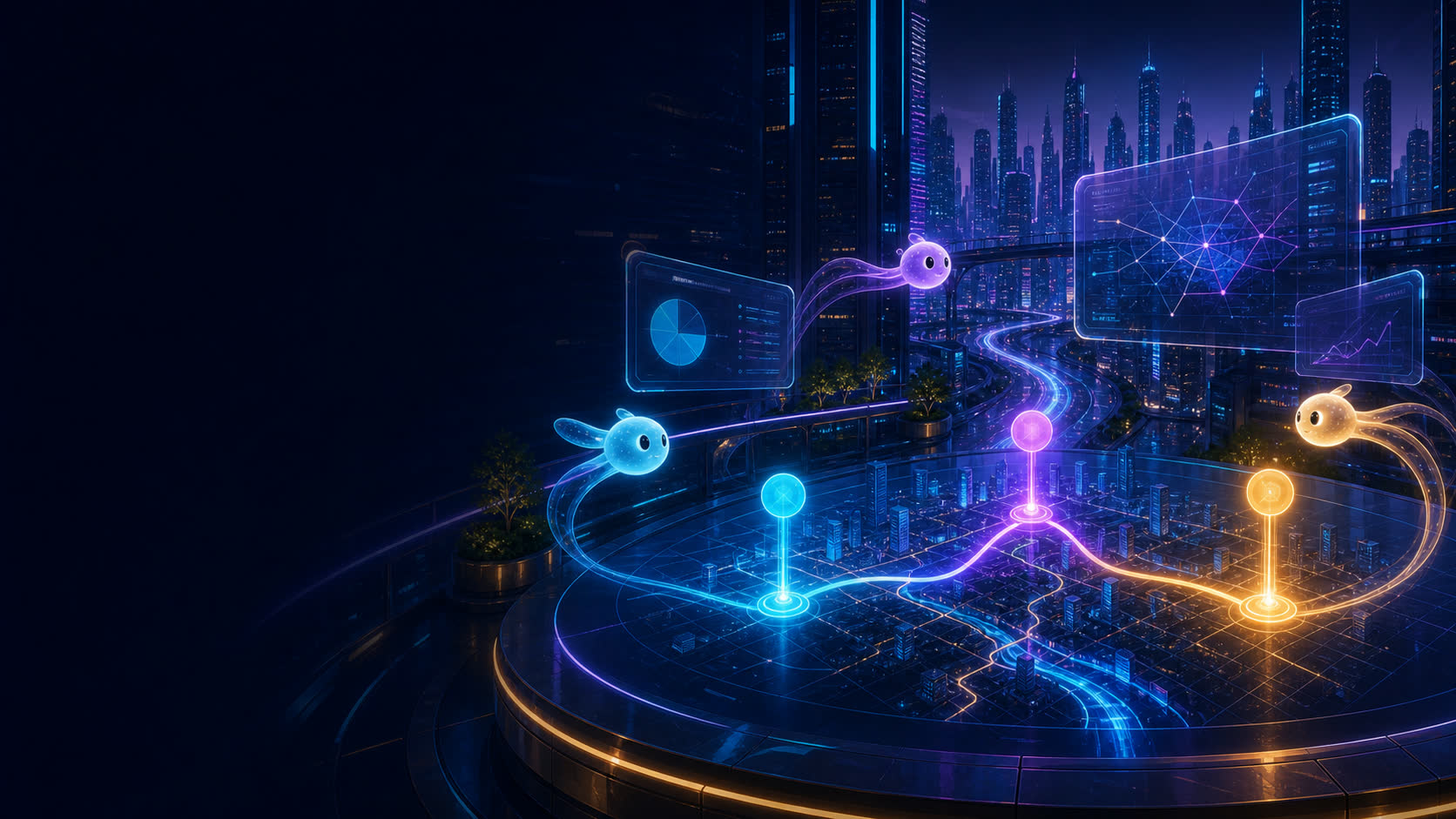 Cidade futurista com mapa estratégico e três pontos luminosos conectados.